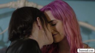 Shemale brunette fucks pink haired friend